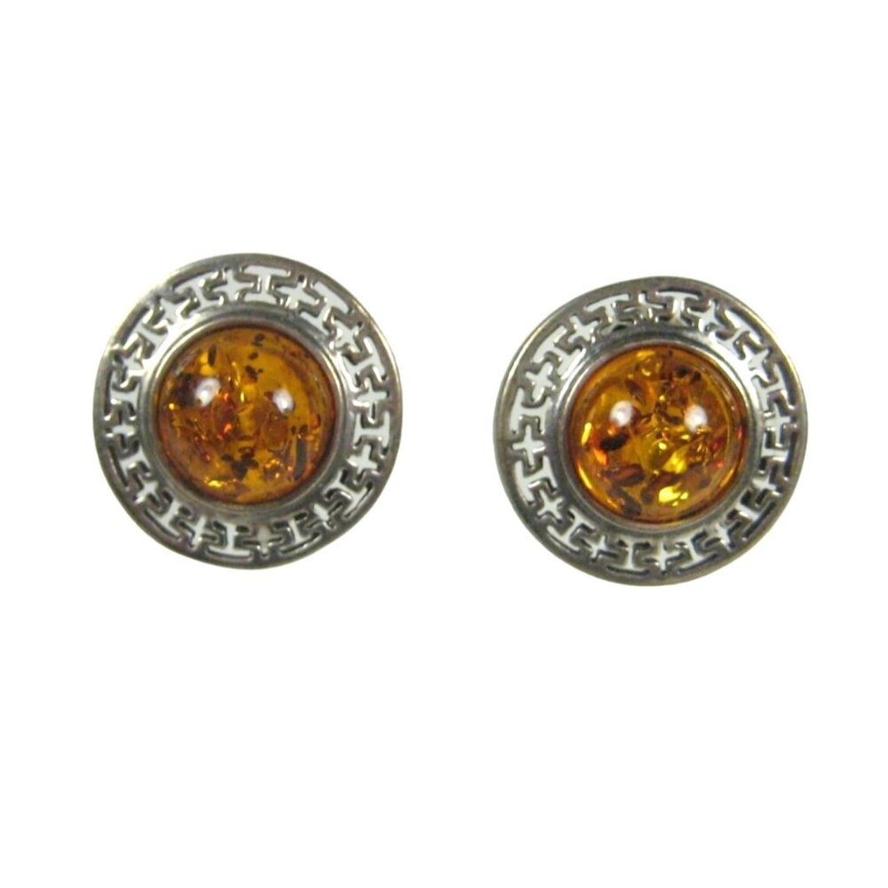 JD Signed Vintage Sterling Silver Baltic Amber Clip On Earrings Round Intricate